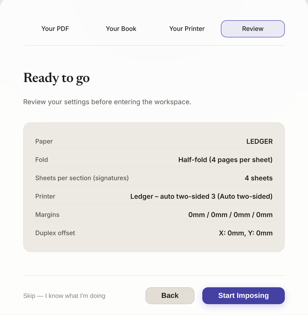 Ready to go — all settings confirmed