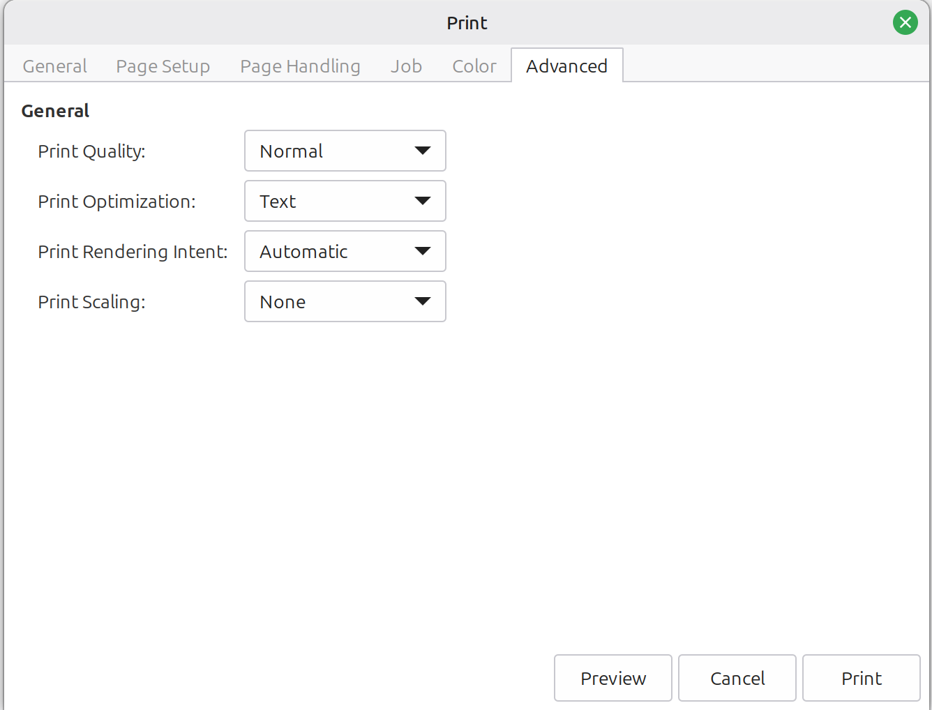 Adobe Reader Advanced tab showing Print Scaling set to None, a second scaling control separate from Page Scaling