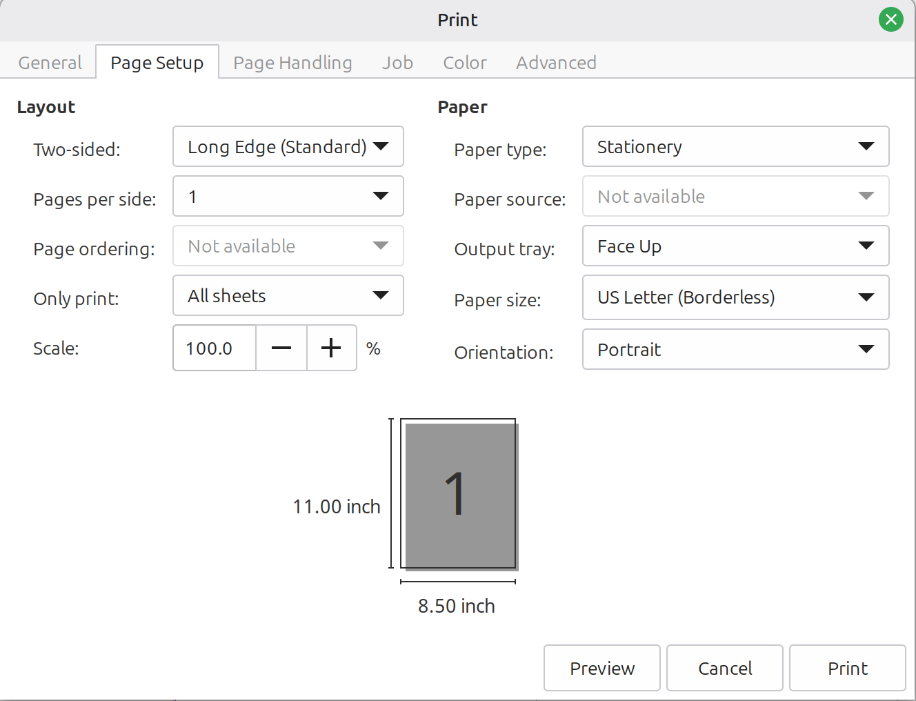 Adobe Reader Page Setup tab showing Two-sided Long Edge, Scale 100 percent, and Paper size US Letter Borderless for booklet printing