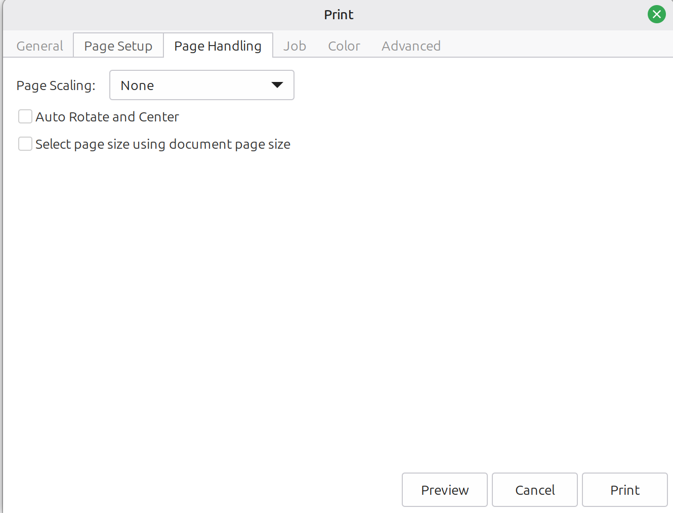 Adobe Reader Page Handling tab with Page Scaling set to None and Auto Rotate and Center unchecked
